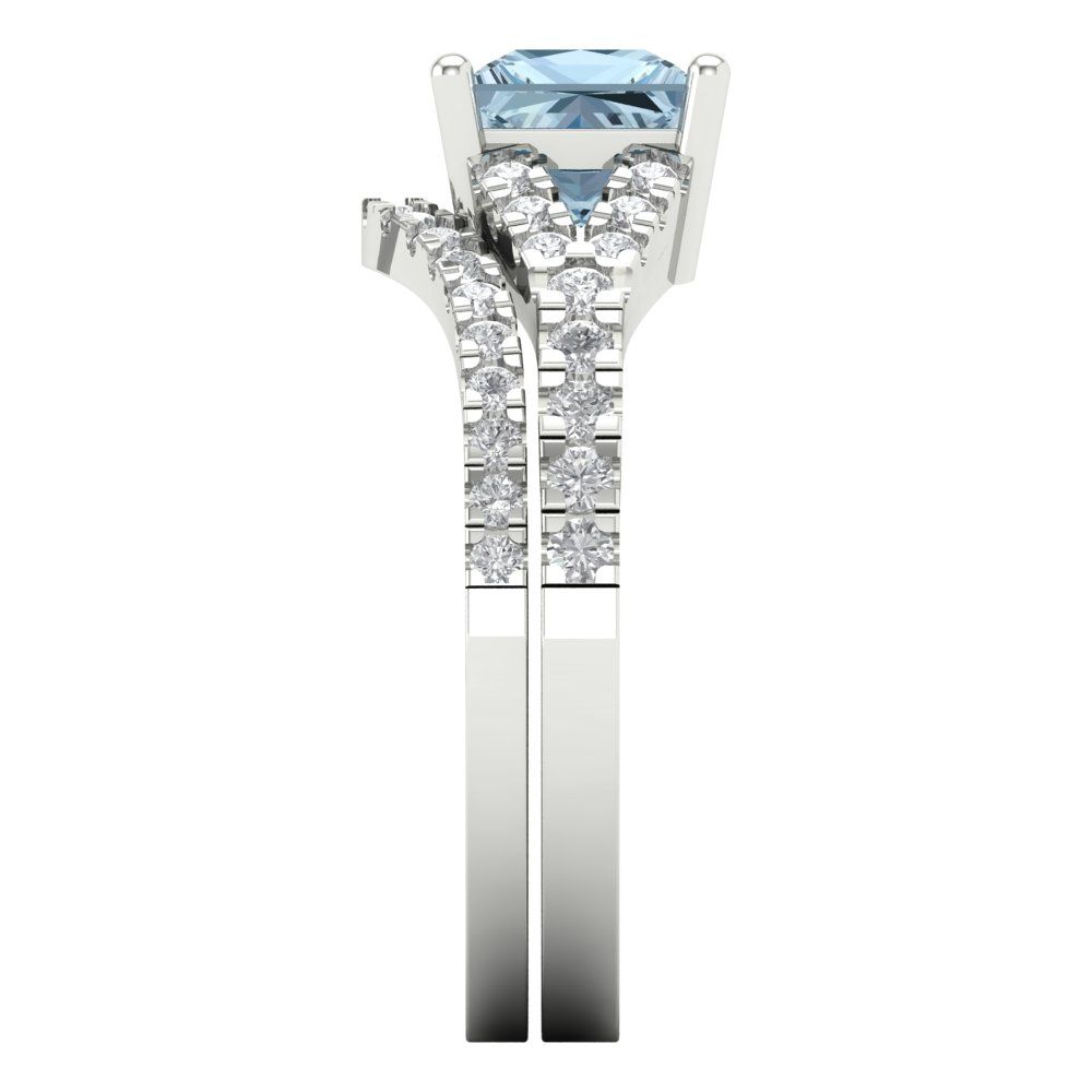 3.4 cttw Princess Cut Natural Aquamarine Bridal Set - Solid White Gold Engagement Ring & Wedding Band