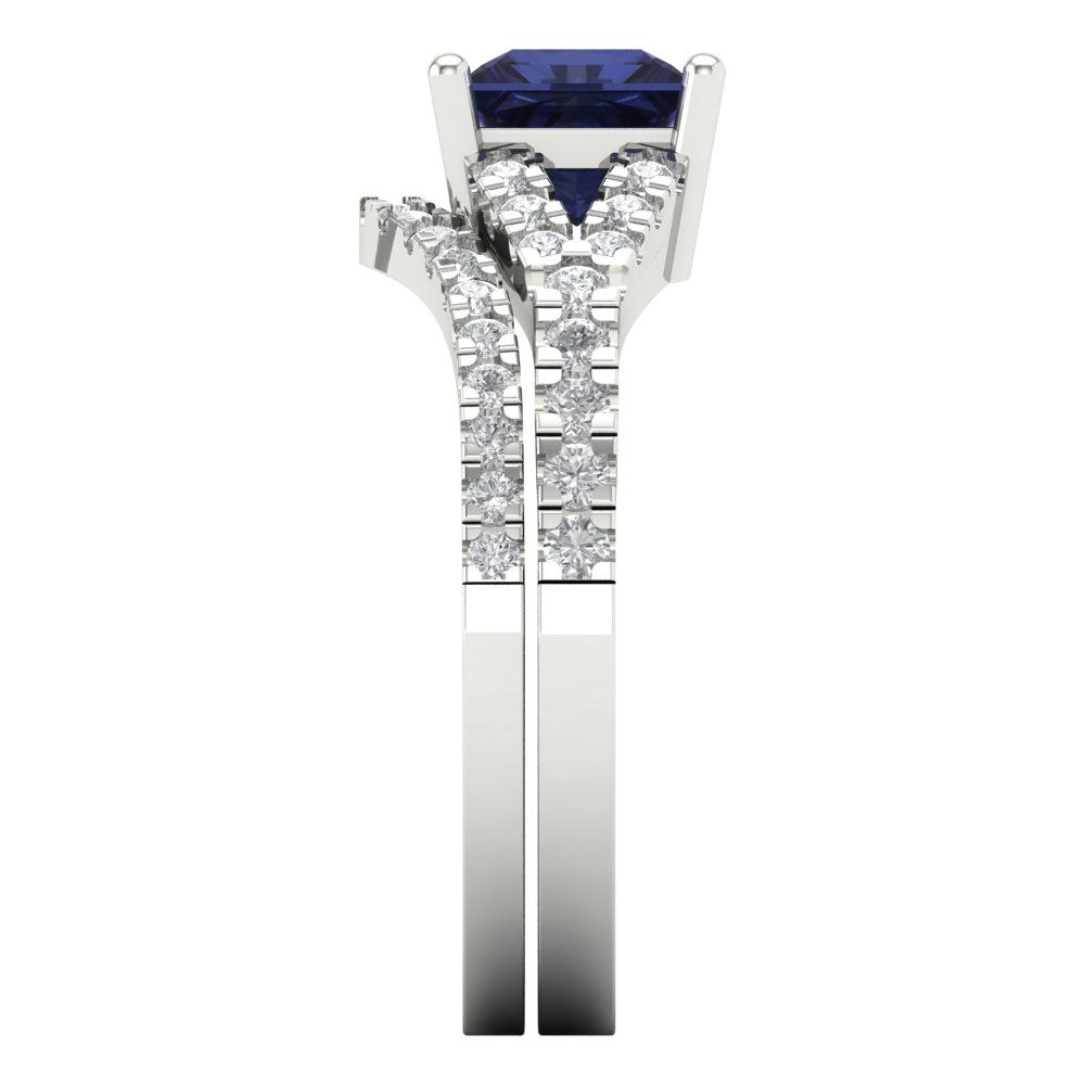 3.4 cttw Princess Cut Simulated Blue Sapphire Bridal Set - Solid White Gold Engagement Ring & Wedding Band