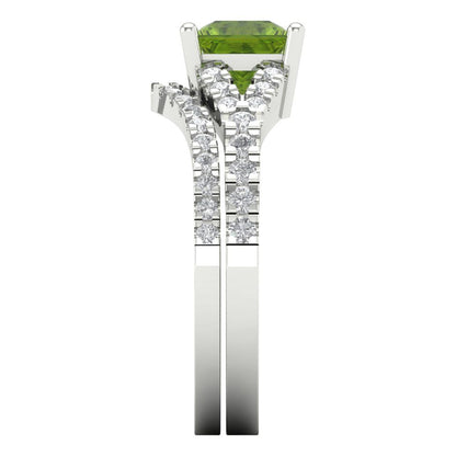 3.4 cttw Princess Cut Natural Peridot Bridal Set - Solid White Gold Engagement Ring & Wedding Band