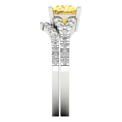 3.4 cttw Princess Cut Natural Citrine Bridal Set - Solid White Gold Engagement Ring & Wedding Band