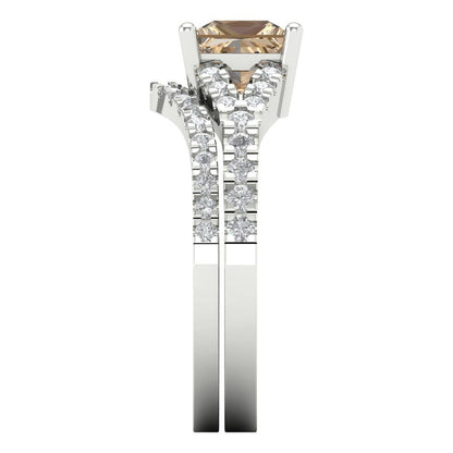 3.4 cttw Princess Cut Yellow Moissanite Bridal Set - Solid White Gold Engagement Ring & Wedding Band