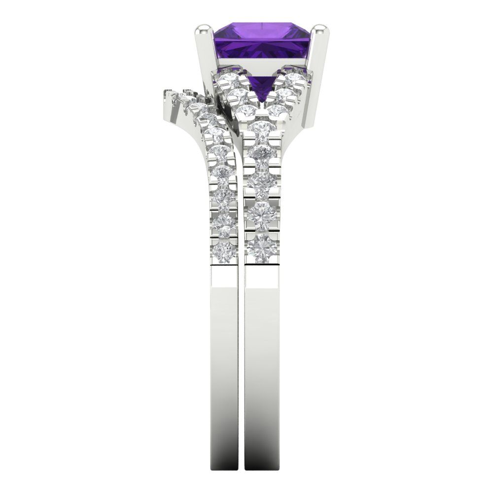 3.4 cttw Princess Cut Natural Amethyst Bridal Set - Solid White Gold Engagement Ring & Wedding Band