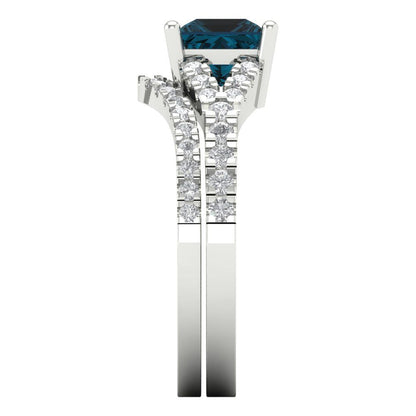 3.4 cttw Princess Cut Natural London Blue Topaz Bridal Set - Solid White Gold Engagement Ring & Wedding Band