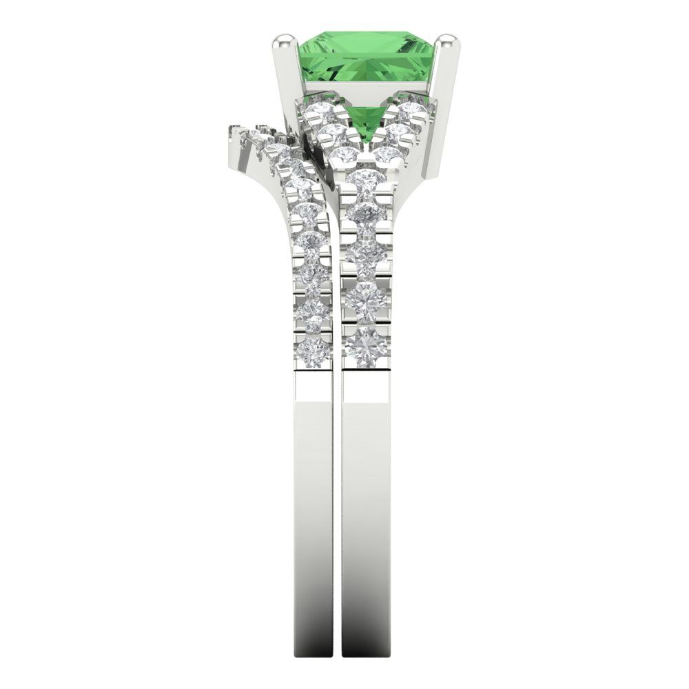 3.4 cttw Princess Cut Simulated Green Diamond Bridal Set - Solid White Gold Engagement Ring & Wedding Band