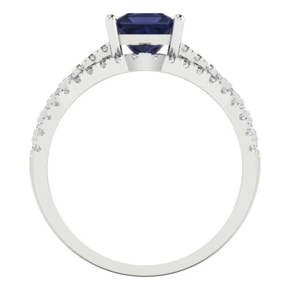 3.4 cttw Princess Cut Simulated Blue Sapphire Bridal Set - Solid White Gold Engagement Ring & Wedding Band