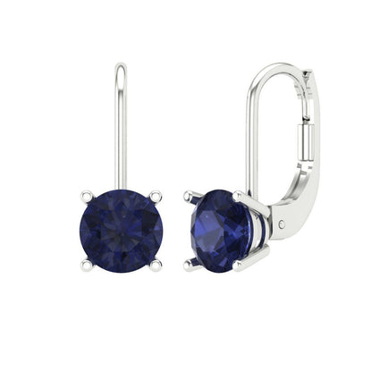 1 ctw Blue Sapphire Drop Dangle Earrings | 5.0mm Round Cut White Gold Lever Back | September Birthstone