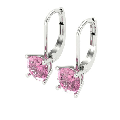 1 ctw Pink Zirconia Drop Dangle Earrings | 5.0mm Round Cut White Gold Lever Back | April Birthstone