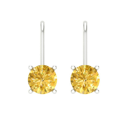 1 ctw Yellow Zirconia Drop Dangle Earrings | 5.0mm Round Cut White Gold Lever Back | April Birthstone