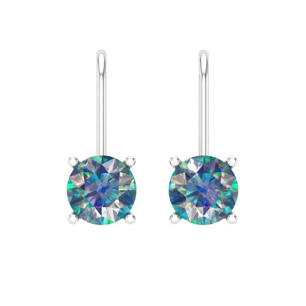 1 ctw Blue Moissanite Drop Dangle Earrings | 5.0mm Round Cut White Gold Lever Back | April Birthstone
