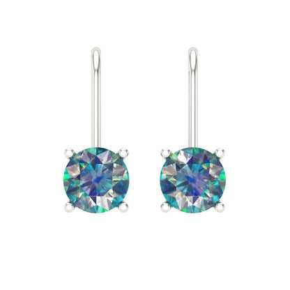 1 ctw Blue Moissanite Drop Dangle Earrings | 5.0mm Round Cut White Gold Lever Back | April Birthstone