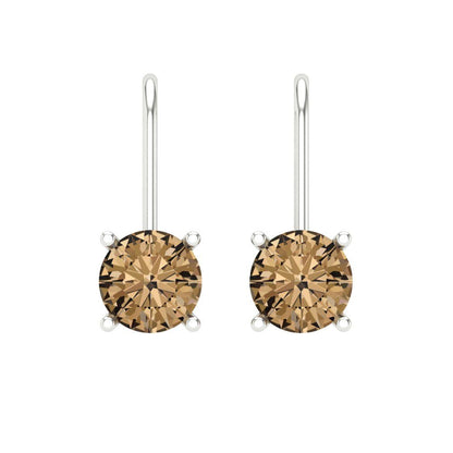 1 ctw Champagne Drop Dangle Earrings | 5.0mm Round Cut White Gold Lever Back | April Birthstone