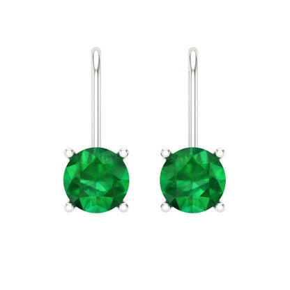 1 ctw Emerald Drop Dangle Earrings | 5.0mm Round Cut White Gold Lever Back | May Birthstone