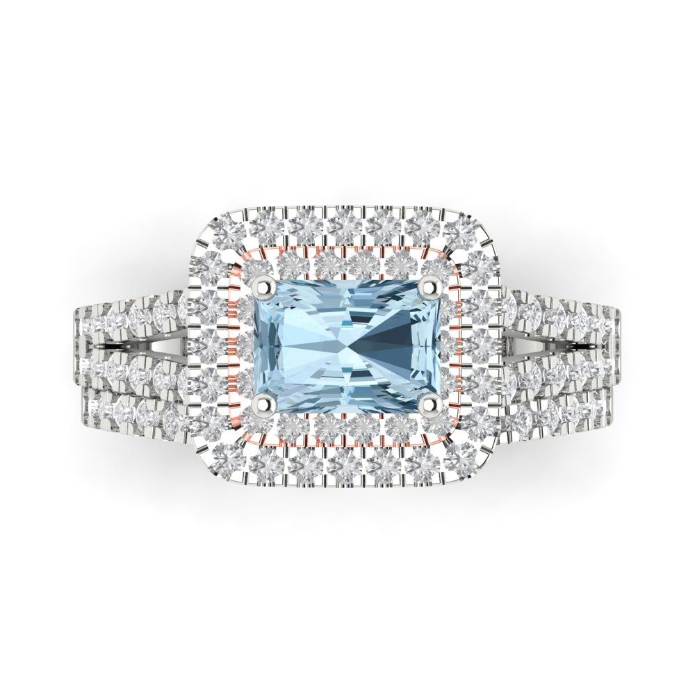 3.05 cttw Emerald Cut Simulated Blue Diamond Bridal Set - Solid White/Rose Gold Engagement Ring & Wedding Band
