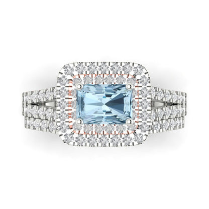 3.05 cttw Emerald Cut Simulated Blue Diamond Bridal Set - Solid White/Rose Gold Engagement Ring & Wedding Band