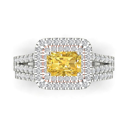 3.05 cttw Emerald Cut Simulated Yellow Diamond Bridal Set - Solid White/Rose Gold Engagement Ring & Wedding Band