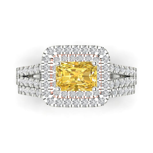 3.05 cttw Emerald Cut Simulated Yellow Diamond Bridal Set - Solid White/Rose Gold Engagement Ring & Wedding Band