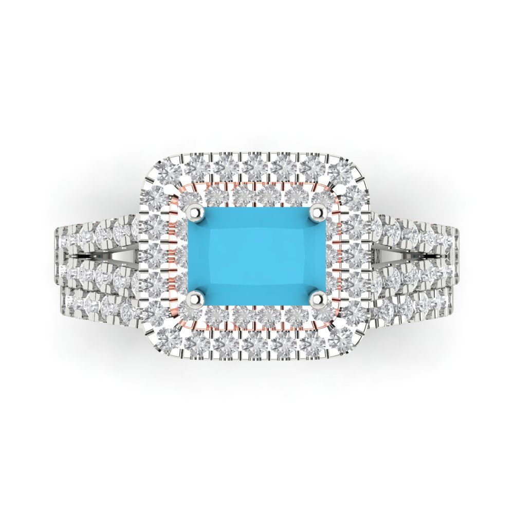 3.05 cttw Emerald Cut Simulated Turquoise Bridal Set - Solid White/Rose Gold Engagement Ring & Wedding Band