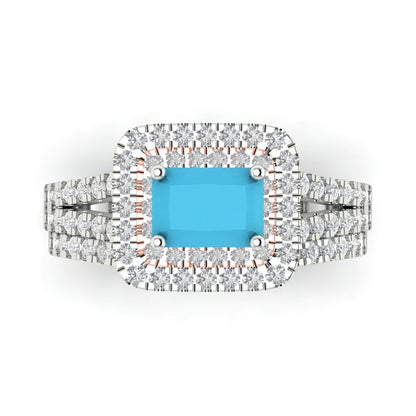 3.05 cttw Emerald Cut Simulated Turquoise Bridal Set - Solid White/Rose Gold Engagement Ring & Wedding Band