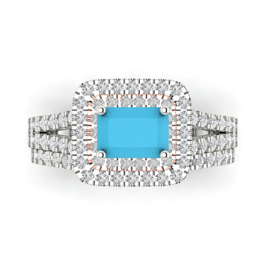 3.05 cttw Emerald Cut Simulated Turquoise Bridal Set - Solid White/Rose Gold Engagement Ring & Wedding Band