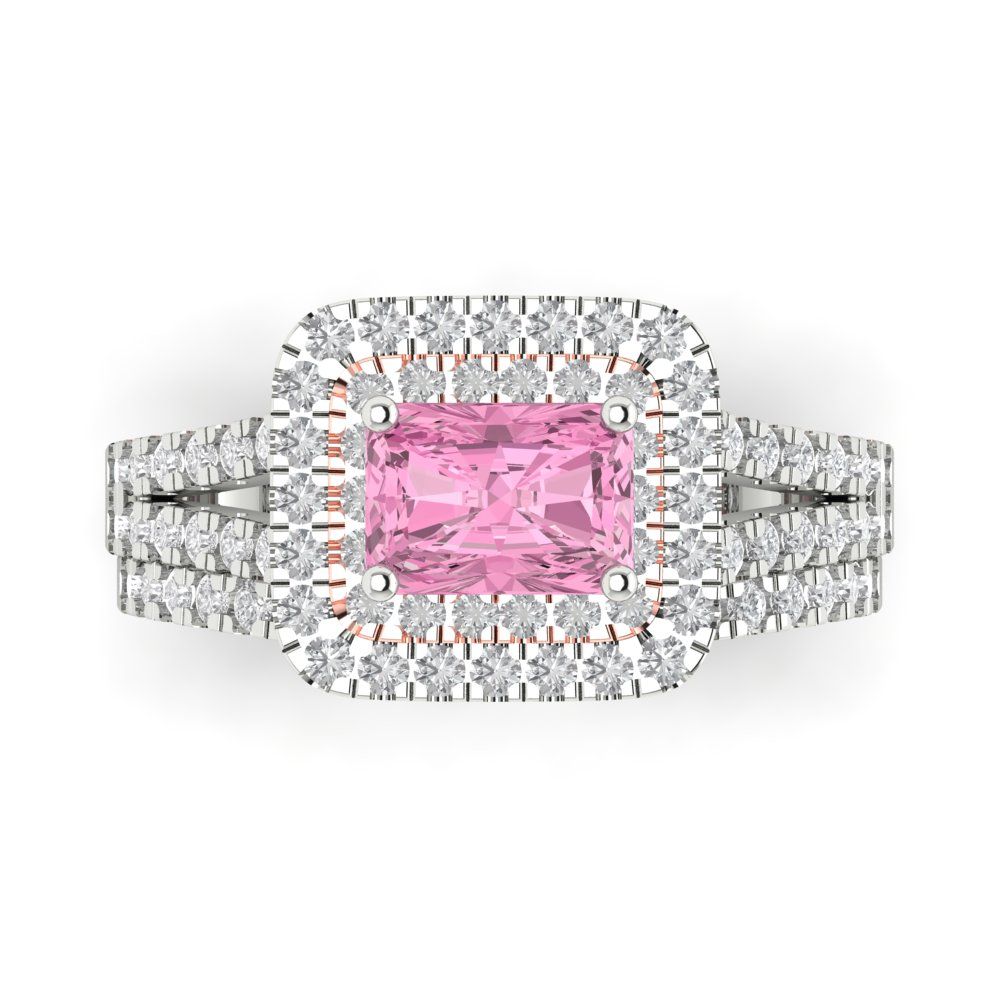 3.05 cttw Emerald Cut Simulated Pink Diamond Bridal Set - Solid White/Rose Gold Engagement Ring & Wedding Band