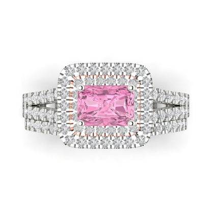 3.05 cttw Emerald Cut Simulated Pink Diamond Bridal Set - Solid White/Rose Gold Engagement Ring & Wedding Band