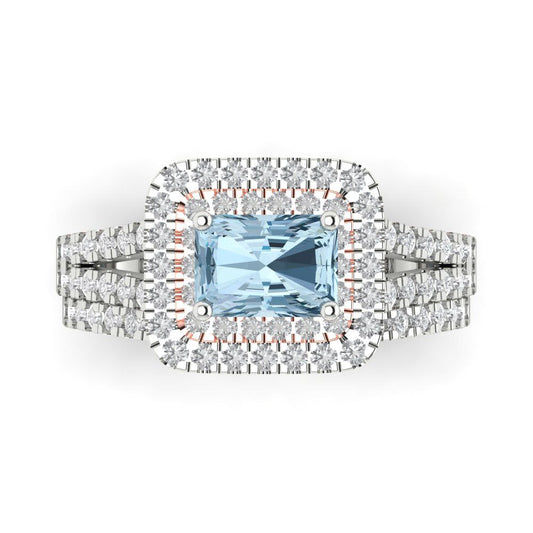 3.05 cttw Emerald Cut Natural Swiss Blue Topaz Bridal Set - Solid White/Rose Gold Engagement Ring & Wedding Band
