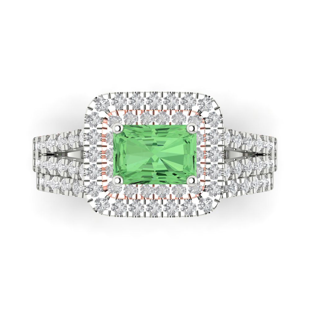 3.05 cttw Emerald Cut Simulated Green Diamond Bridal Set - Solid White/Rose Gold Engagement Ring & Wedding Band