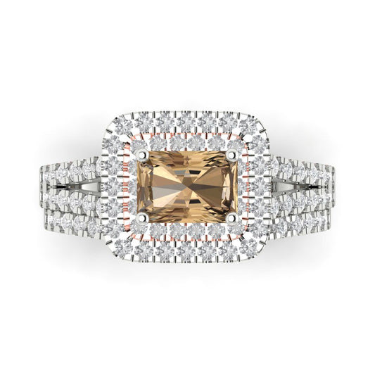 3.05 cttw Emerald Cut Simulated Champagne Diamond Bridal Set - Solid White/Rose Gold Engagement Ring & Wedding Band