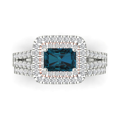 3.05 cttw Emerald Cut Natural London Blue Topaz Bridal Set - Solid White/Rose Gold Engagement Ring & Wedding Band