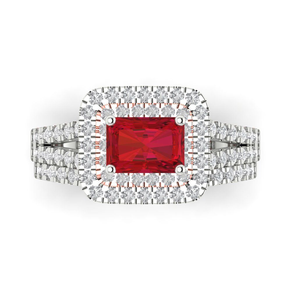 3.05 cttw Emerald Cut Simulated Ruby Bridal Set - Solid White/Rose Gold Engagement Ring & Wedding Band