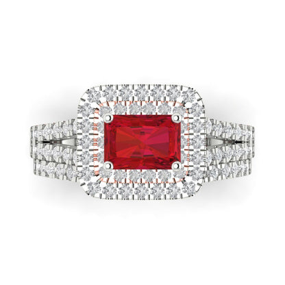 3.05 cttw Emerald Cut Simulated Ruby Bridal Set - Solid White/Rose Gold Engagement Ring & Wedding Band