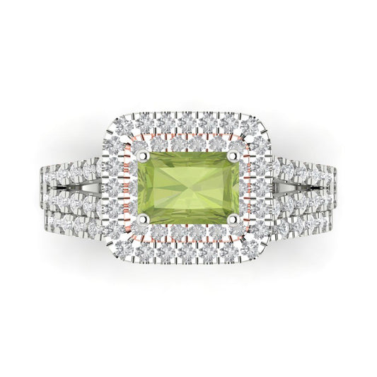 3.05 cttw Emerald Cut Natural Peridot Bridal Set - Solid White/Rose Gold Engagement Ring & Wedding Band