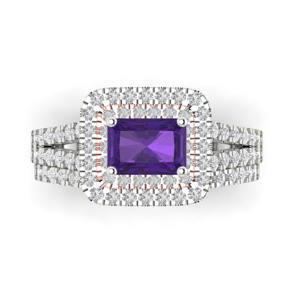 3.05 cttw Emerald Cut Natural Amethyst Bridal Set - Solid White/Rose Gold Engagement Ring & Wedding Band