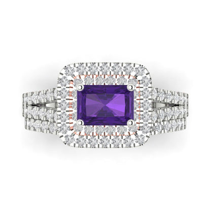 3.05 cttw Emerald Cut Natural Amethyst Bridal Set - Solid White/Rose Gold Engagement Ring & Wedding Band