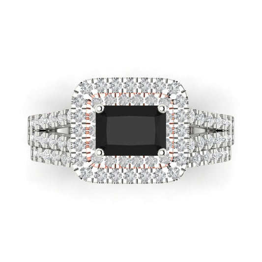 3.05 cttw Emerald Cut Natural Onyx Bridal Set - Solid White/Rose Gold Engagement Ring & Wedding Band