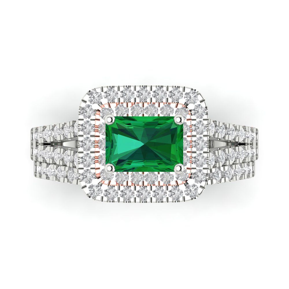 3.05 cttw Emerald Cut Simulated Emerald Bridal Set - Solid White/Rose Gold Engagement Ring & Wedding Band