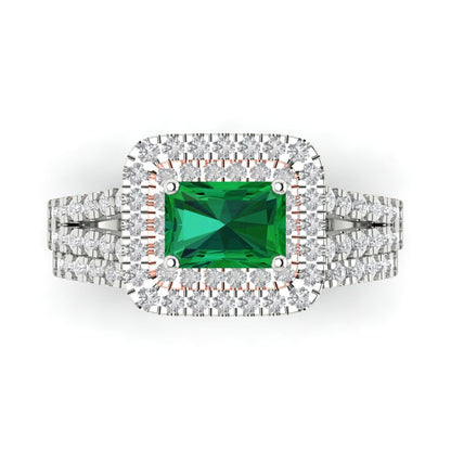 3.05 cttw Emerald Cut Simulated Emerald Bridal Set - Solid White/Rose Gold Engagement Ring & Wedding Band