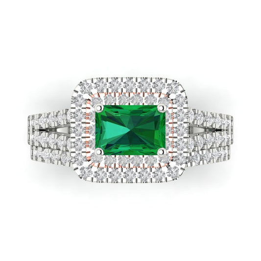 3.05 cttw Emerald Cut Simulated Emerald Bridal Set - Solid White/Rose Gold Engagement Ring & Wedding Band
