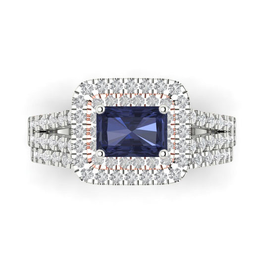 3.05 cttw Emerald Cut Simulated Blue Sapphire Bridal Set - Solid White/Rose Gold Engagement Ring & Wedding Band