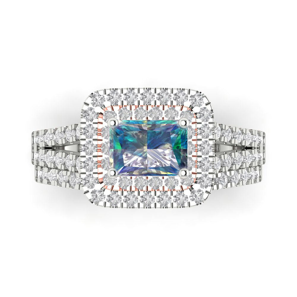 3.05 cttw Emerald Cut Blue Moissanite Bridal Set - Solid White/Rose Gold Engagement Ring & Wedding Band