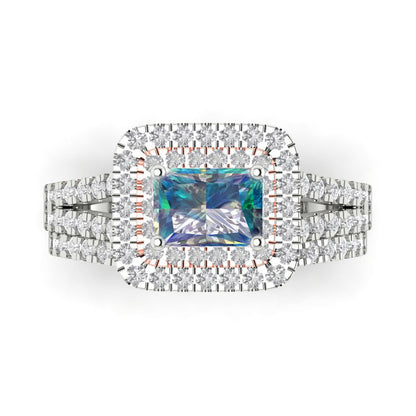 3.05 cttw Emerald Cut Blue Moissanite Bridal Set - Solid White/Rose Gold Engagement Ring & Wedding Band