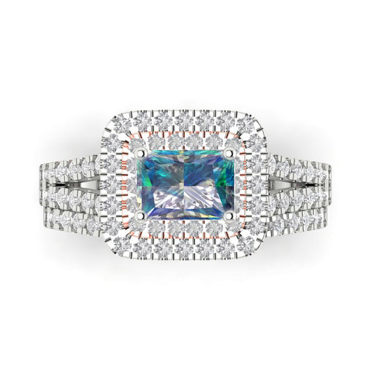 3.05 cttw Emerald Cut Blue Moissanite Bridal Set - Solid White/Rose Gold Engagement Ring & Wedding Band