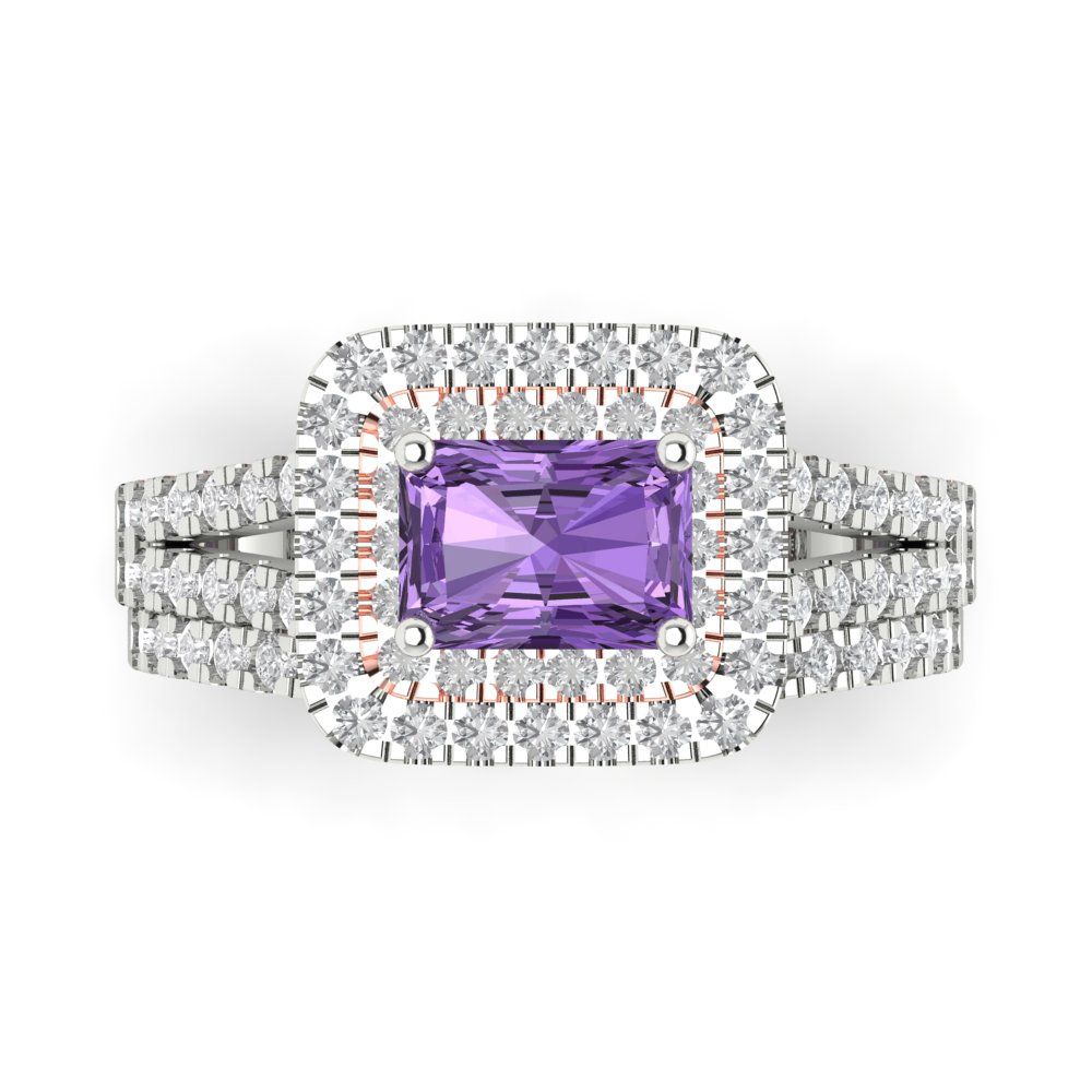 3.05 cttw Emerald Cut Simulated Alexandrite Bridal Set - Solid White/Rose Gold Engagement Ring & Wedding Band