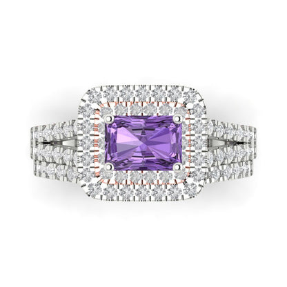 3.05 cttw Emerald Cut Simulated Alexandrite Bridal Set - Solid White/Rose Gold Engagement Ring & Wedding Band