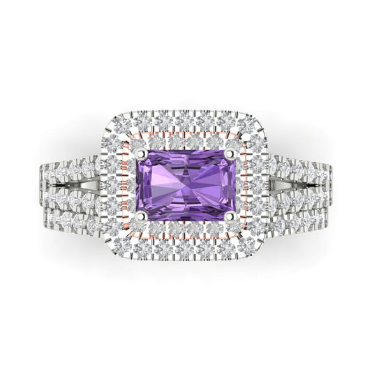 3.05 cttw Emerald Cut Simulated Alexandrite Bridal Set - Solid White/Rose Gold Engagement Ring & Wedding Band