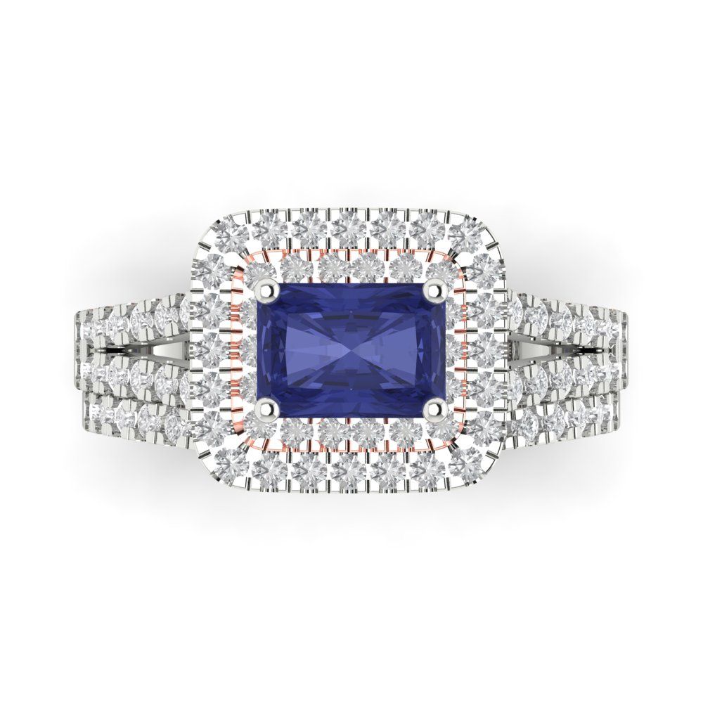 3.05 cttw Emerald Cut Simulated Tanzanite Bridal Set - Solid White/Rose Gold Engagement Ring & Wedding Band