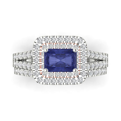 3.05 cttw Emerald Cut Simulated Tanzanite Bridal Set - Solid White/Rose Gold Engagement Ring & Wedding Band