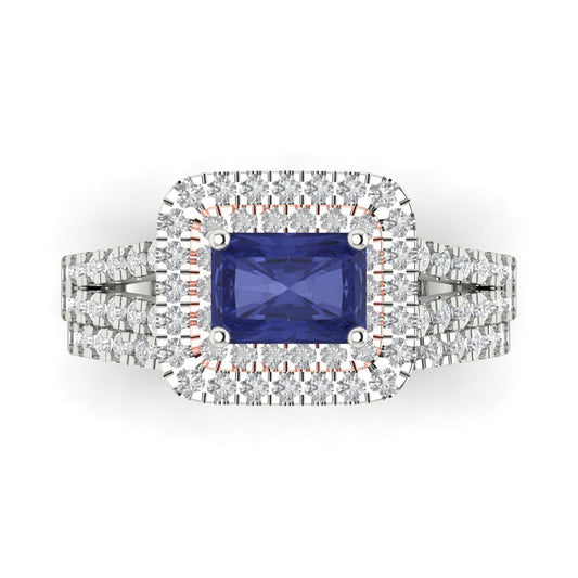 3.05 cttw Emerald Cut Simulated Tanzanite Bridal Set - Solid White/Rose Gold Engagement Ring & Wedding Band