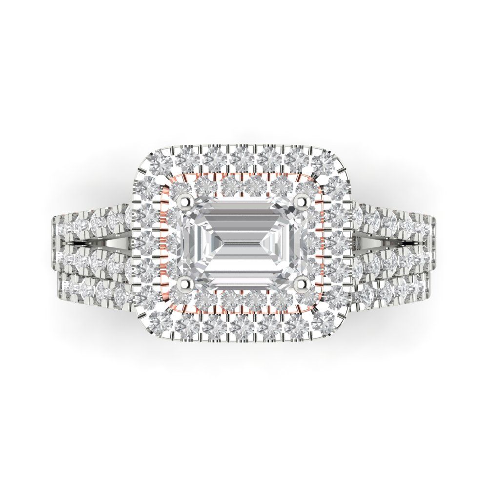 3.05 cttw Emerald Cut White Sapphire Bridal Set - Solid White/Rose Gold Engagement Ring & Wedding Band