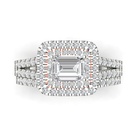 3.05 cttw Emerald Cut White Sapphire Bridal Set - Solid White/Rose Gold Engagement Ring & Wedding Band